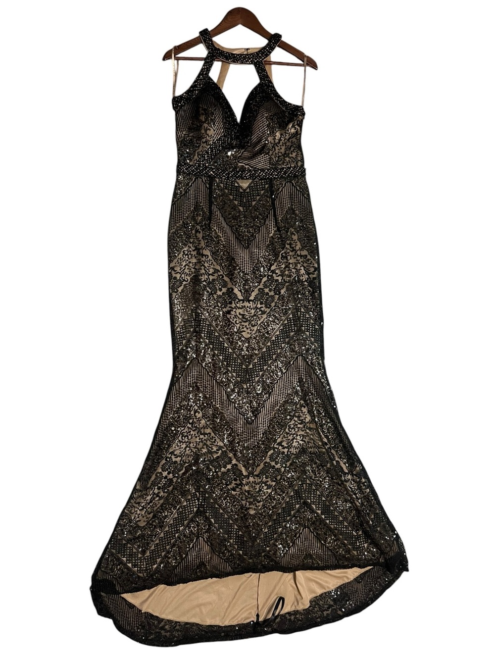 INVITO Haute Couture Black Sequin Beaded Chevron Mermaid Gown IT 42 US Small - Picture 2 of 9